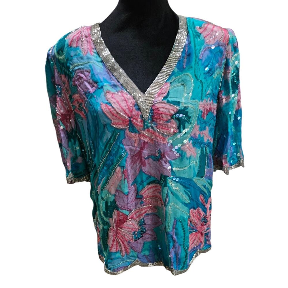Judith Ann Creations Vintage Beaded Silk Blouse Floral Sequin Scalloped Size M